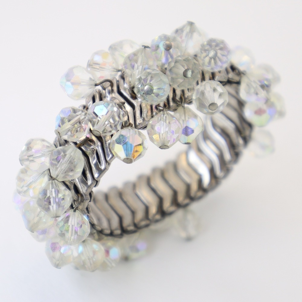 Vintage AB Crystal Cluster Stretch Expansion Bracelet Aurora Borealis Cha Cha